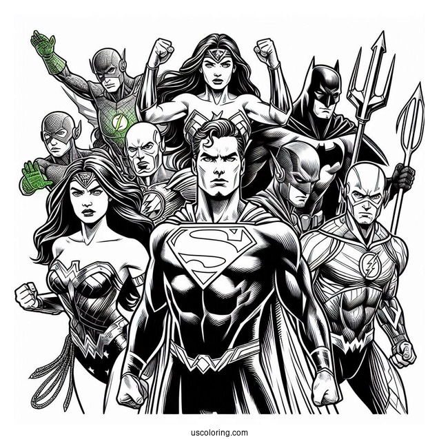 Justice League Coloring Page Of Martian Manhunter, Superman, Green Lantern, Wonder Woman, Batman, Aquaman, And The Flash