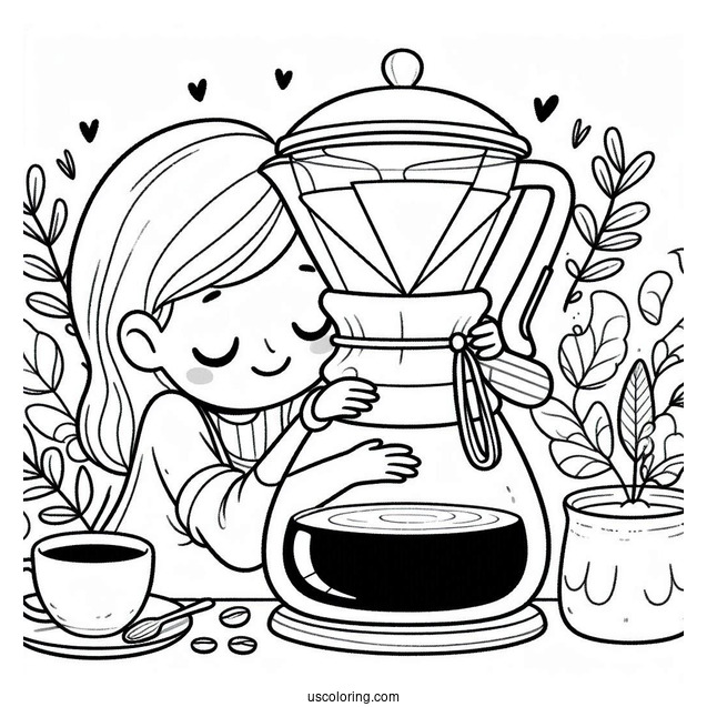 Coffee Coloring Pages Of Easy Woman Hugging Chemex Coffee Maker For Kids