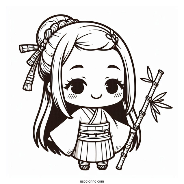 Kawaii Chibi Nezuko Coloring Page Wearing Bamboo