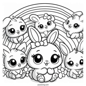 Sunny Bunnies Coloring Page Of Big Boo, Iris, Turbo, Shiny, And Hopper On A Rainbow