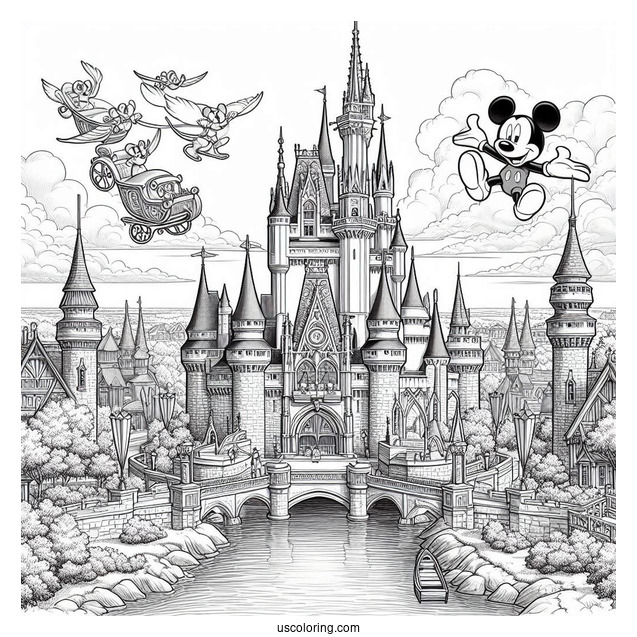 Realistic Disney World Castle Coloring Page With Walt Disney And Mickey Mouse