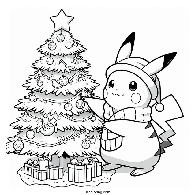 Pokemon Christmas Coloring Page Pikachu Decorating A Christmas Tree