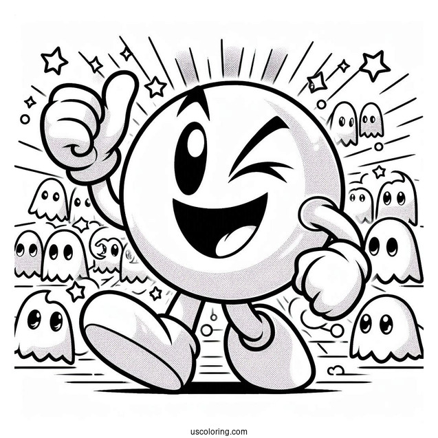 Victorious Pac-Man Coloring Page Winking With Ghosts In Background