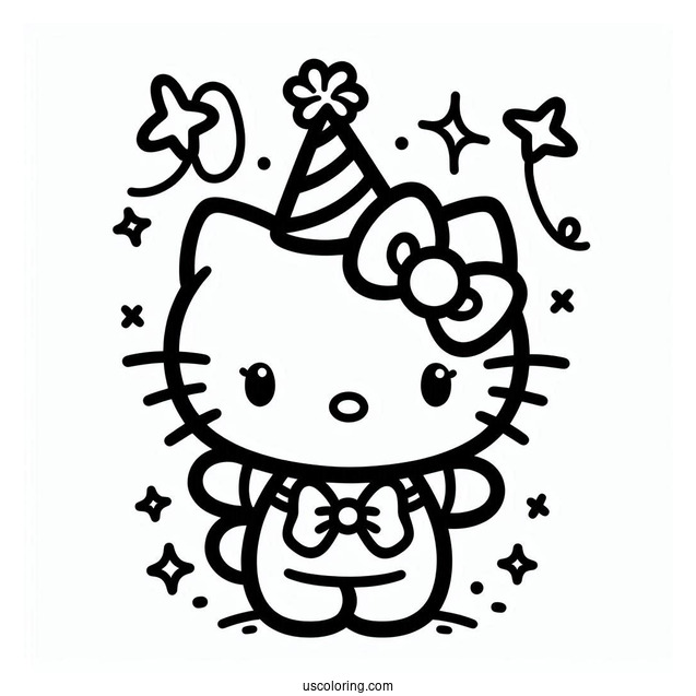 Kawaii Hello Kitty With Party Hat On New Year Coloring Page
