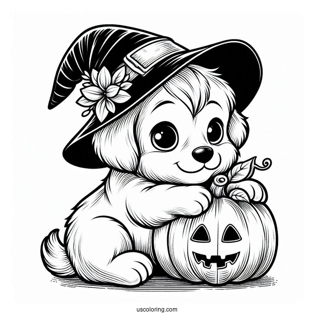Adorable Puppy Wearing A Witch Hat While Hugging A Pumpkin Coloring Page