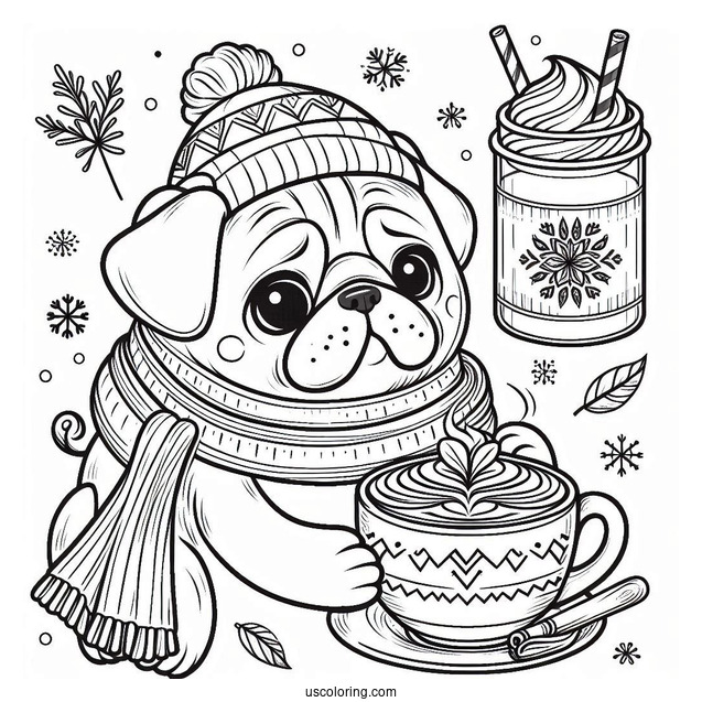 Winter Pug with Latte and Scarf Coloring Page