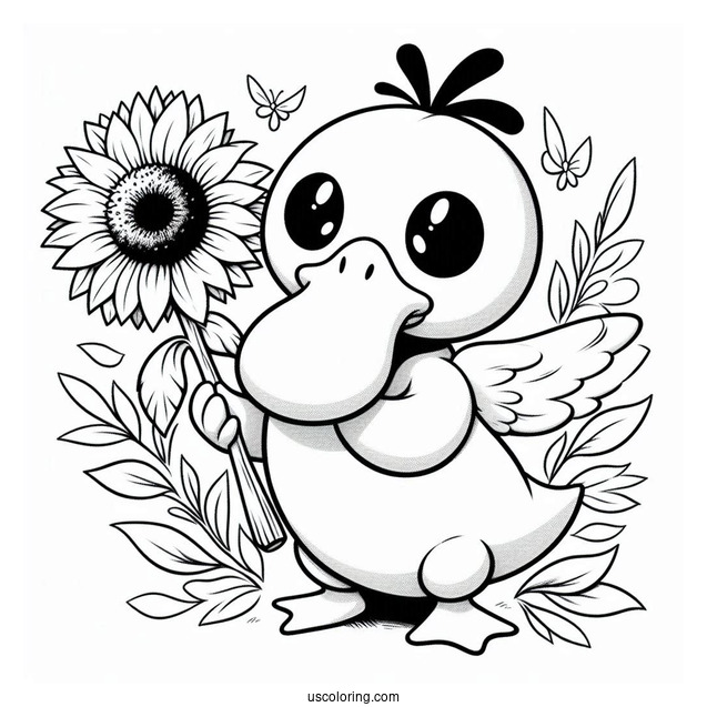 Psyduck Coloring Page Holding A Sunflower