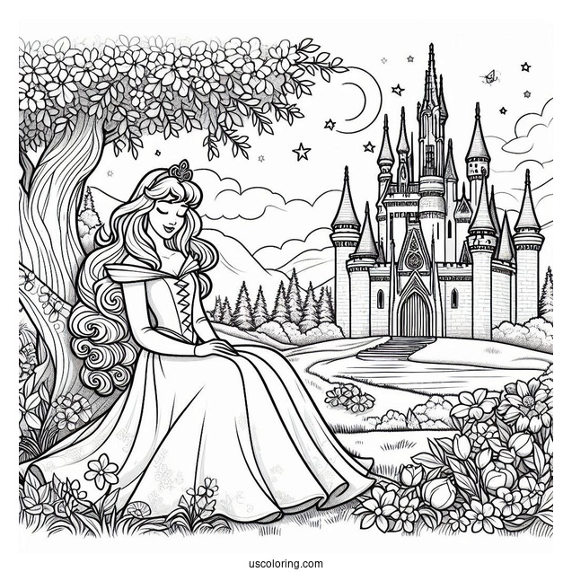 Disney Princess Aurora In Spring Coloring Page Garden Outside The Castle