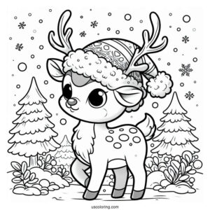 Rudolph Coloring Page Wearing A Santa Hat While Walking In The Snow