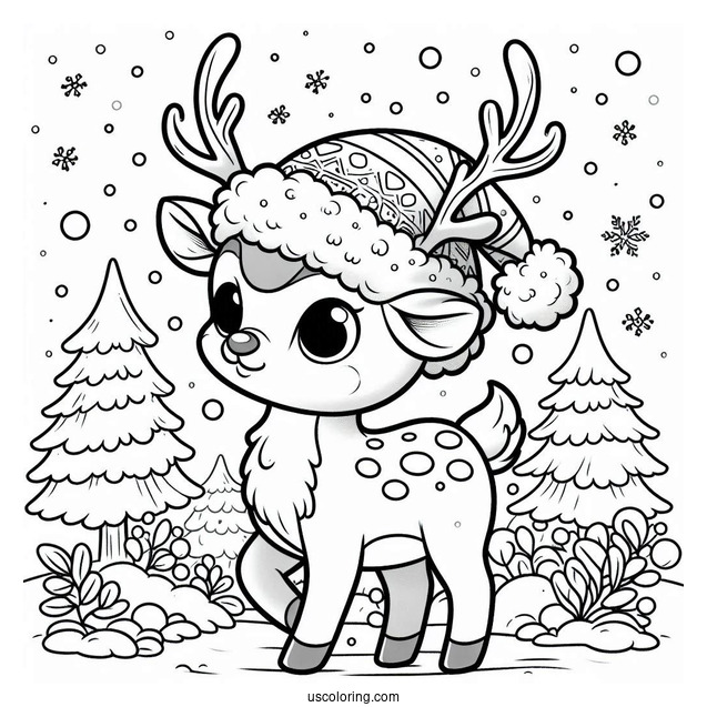 Rudolph Coloring Page Wearing A Santa Hat While Walking In The Snow