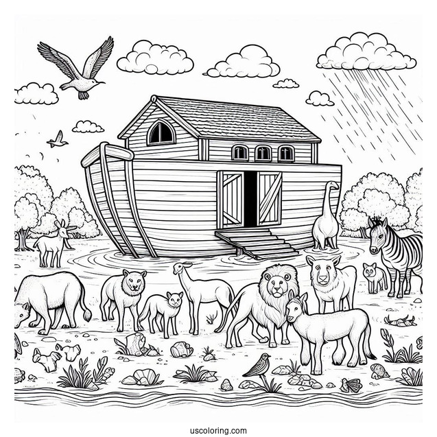 Noah's Ark Coloring Page Welcoming Animals In The Ark