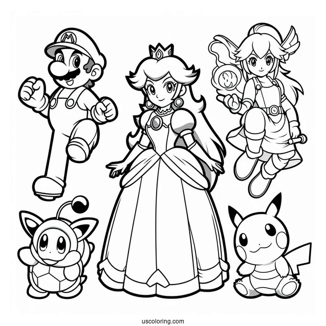 Mario, Zelda, Princess Peach, And Pokemon Super Smash Bros Coloring Page