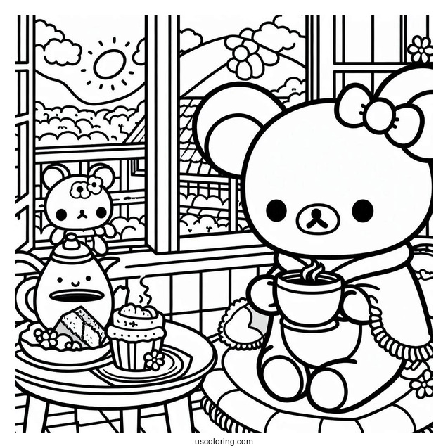 Rilakkuma Coloring Page Having Tea With Kiiroitori In The Balcony