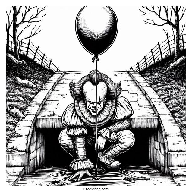 Terrifying Pennywise Coloring Page Holding A Balloon In Front Of A Sewer