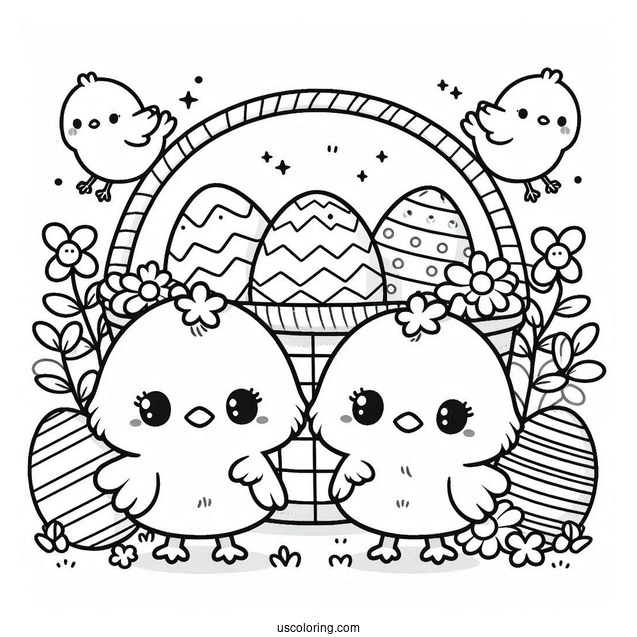 Easter Coloring Page Of Kawaii Chicks Standing Next To Easter Egg Basket For Kids