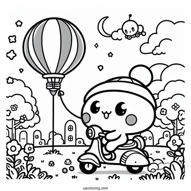 Pochacco Coloring Page And Friend Riding a Scooter On The Grass