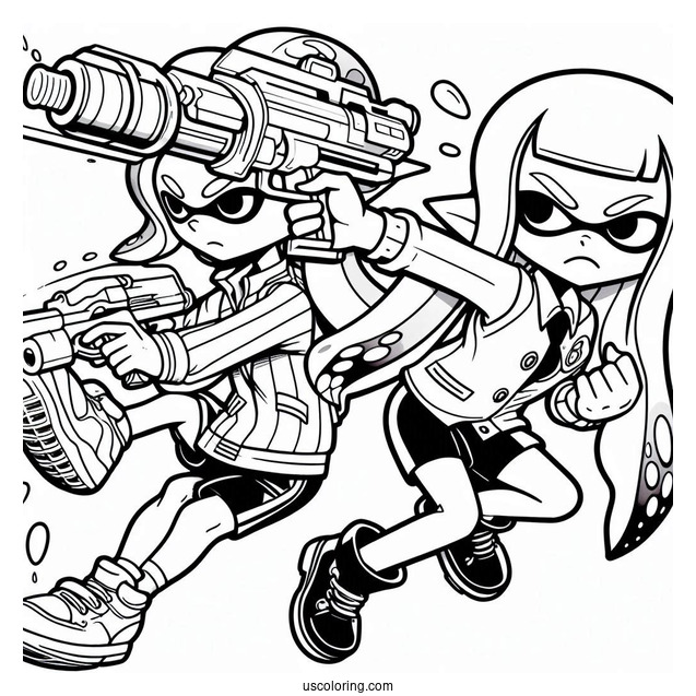 Splatoon Coloring Page Of Agent 3 Fighting Hiro Octoling For Kids