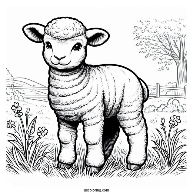 New Born Lamb Standing In Field Coloring