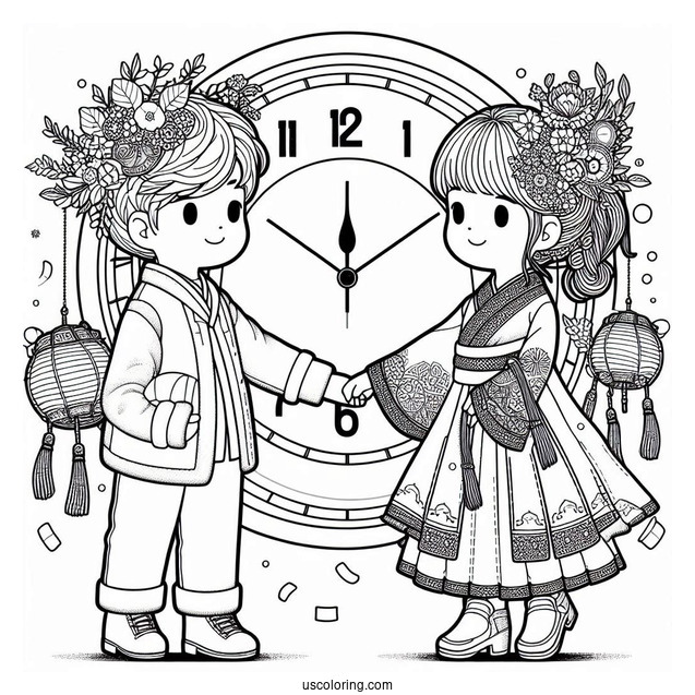 Two Children Holding Hands With a Clock