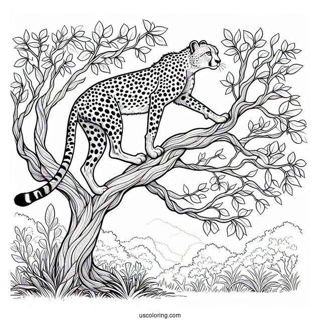 Detailed Cheetah Coloring Page Climbing Tree