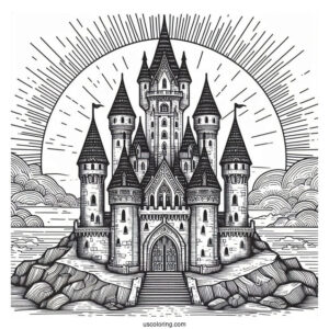 Massive Detailed Castle Coloring Page With The Sun In Background