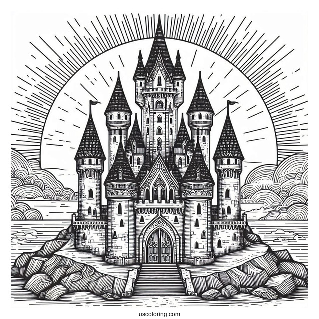 Massive Detailed Castle Coloring Page With The Sun In Background