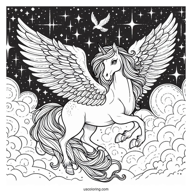 Pegasus Coloring Page With Massive Wings In The Starry Night Sky