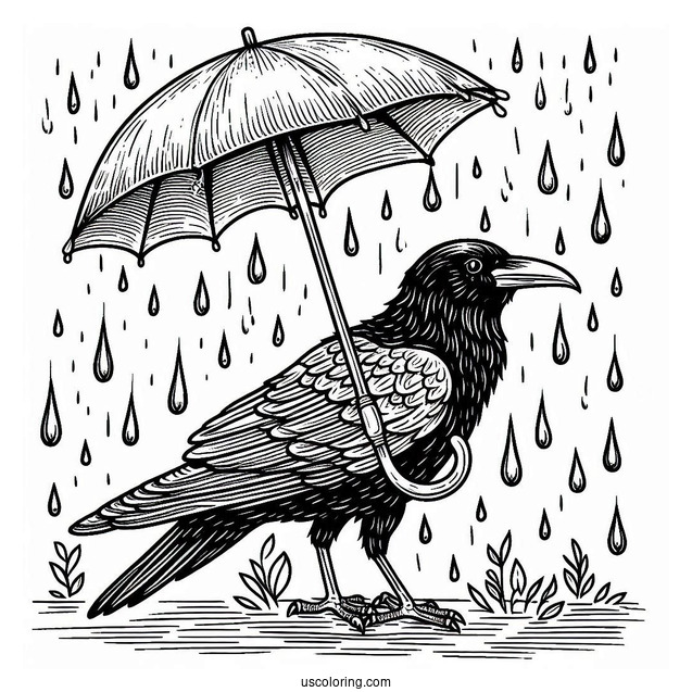 Raven Coloring Page Holding An Umbrella In The Rain