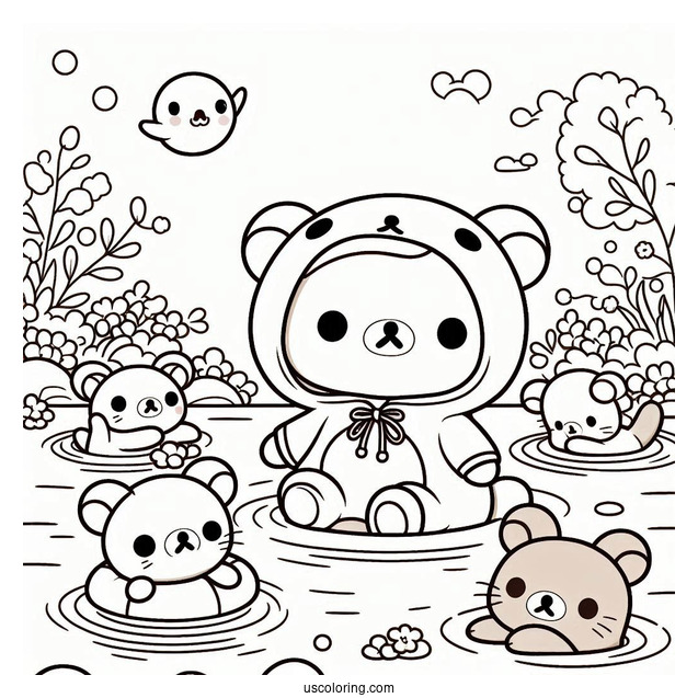 Rilakkuma Coloring Page And Korilakkuma In Otter Onesies Floating On The River With Kiiroitori