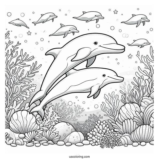 Two Dolphins Swimming On Reef Coloring Page