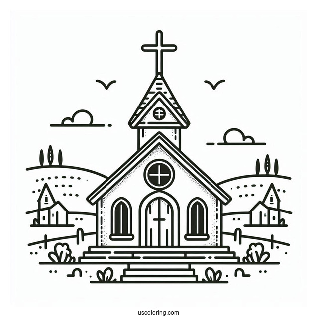 Easy Church Coloring Page Outline With A Cross For Preschoolers