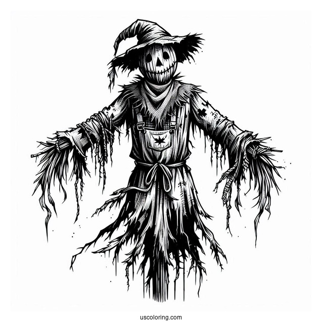 Terrifying Scarecrow Coloring Page With Tattered Clothes