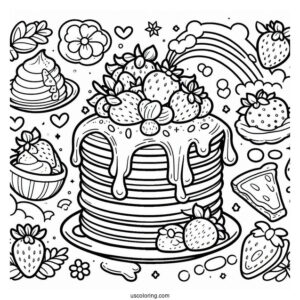 Cartoon Pancake Coloring Page With Overflowing Syrup And Strawberries For Kids