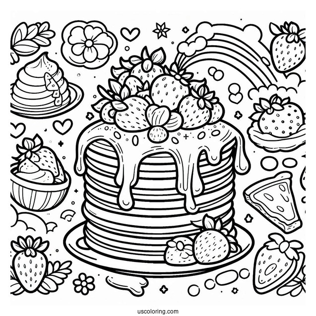 Cartoon Pancake Coloring Page With Overflowing Syrup And Strawberries For Kids
