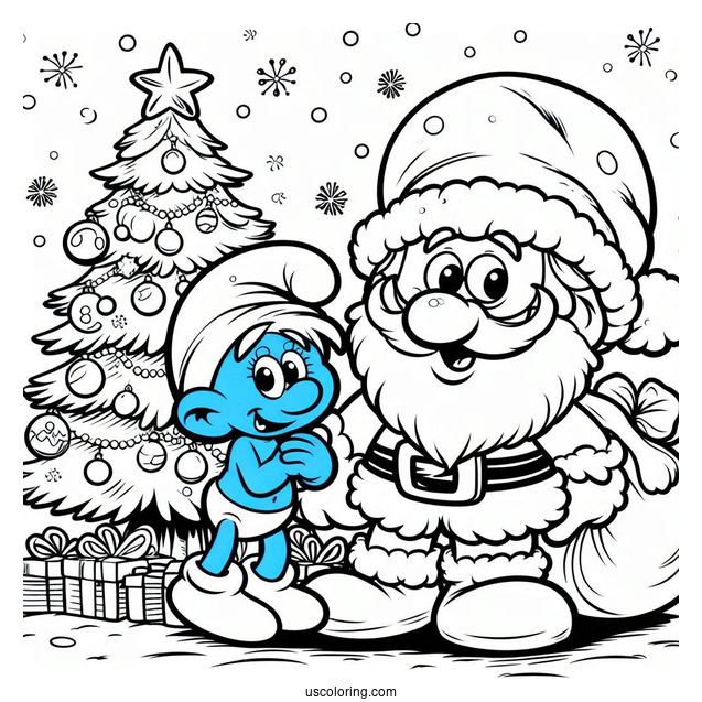 Santa Smurf Beside Christmas Tree Coloring In
