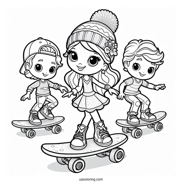 Polly Pocket Coloring Page Skateboarding With Nikolas, Lila, And Shani