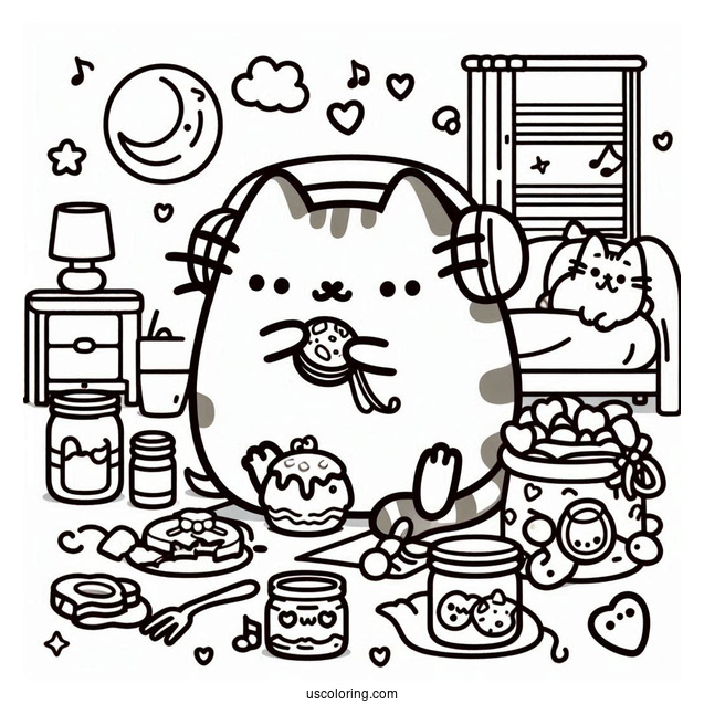 Pusheen Eating And Listening To Music In Bedroom