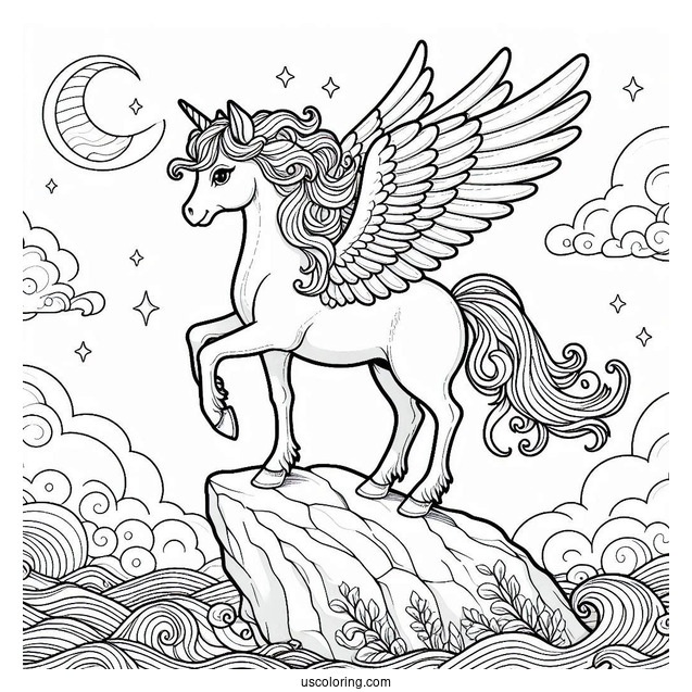 Pegasus Coloring Page Standing On A Rock