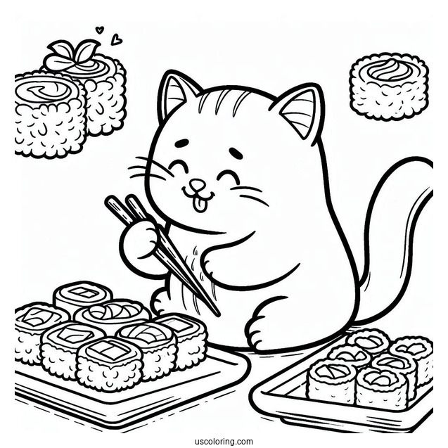 Hungry Cat Enjoying Sushi Coloring Page