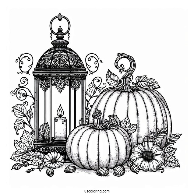 Pumpkin Coloring Page Beside A Vintage Lamp