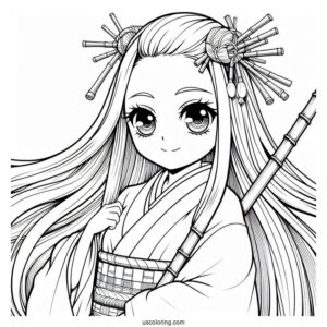 Detailed Nezuko Coloring Page With Bamboo