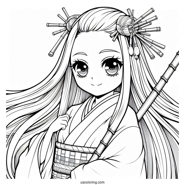 Detailed Nezuko Coloring Page With Bamboo