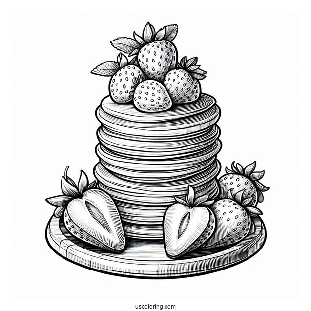 Realistic Mini Pancake Coloring Page Tower With Large Strawberries