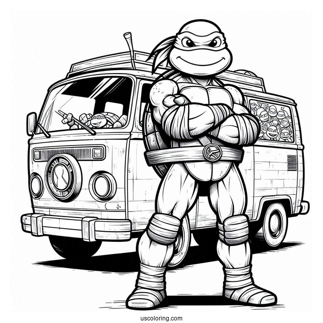 Ninja Turtles Coloring Page Of Donatello Standing In Front Of Turtle Van