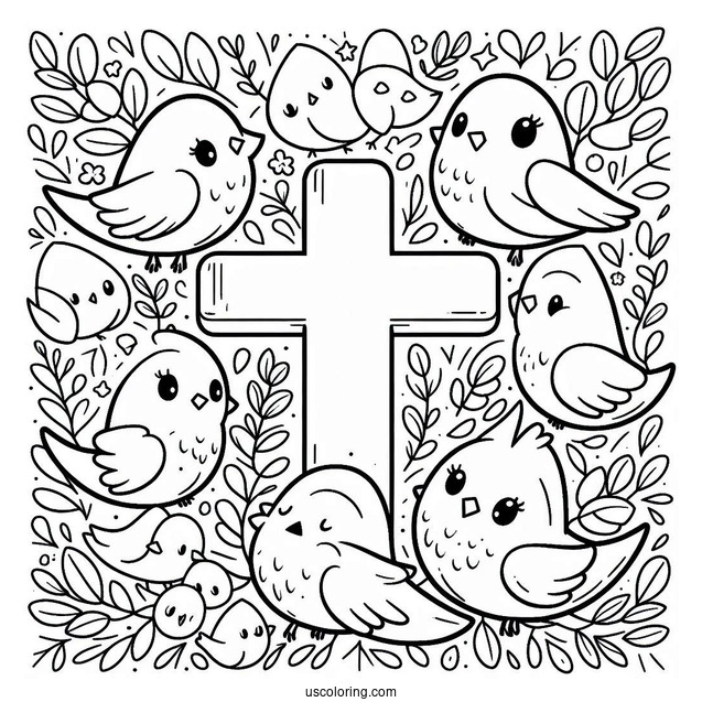 Cute Little Birds Surrounding A Cross Coloring Page For Kids