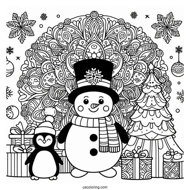 Snowman, Penguin, And Presents In Front Of Christmas Mandala Coloring Page