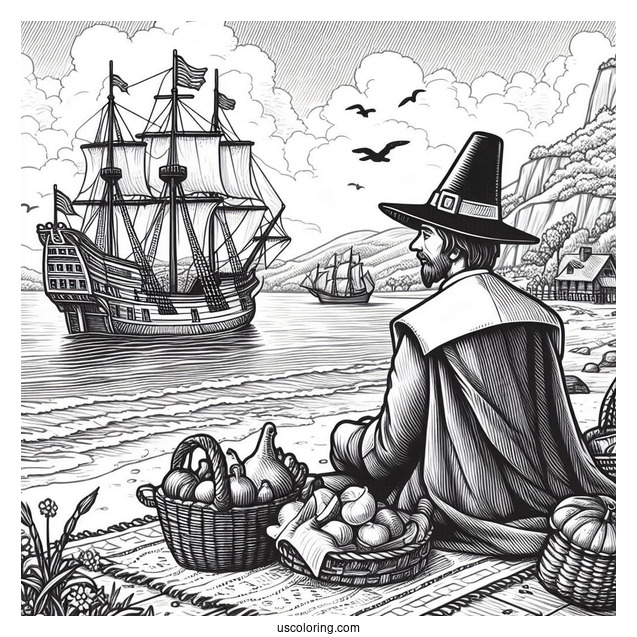 Realistic Pilgrim Coloring Page On The Shore With Ship In The Background