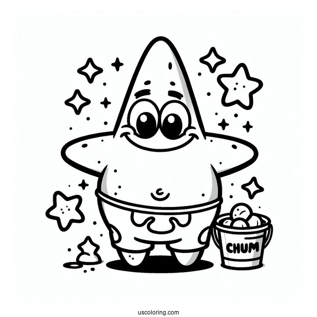 Smiling Patrick Star Coloring Page In Front Of Chum Bucket