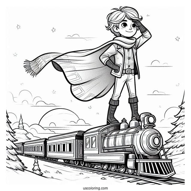 Hero Boy Standing On Top Of ThePolar Express Coloring Page Of Train
