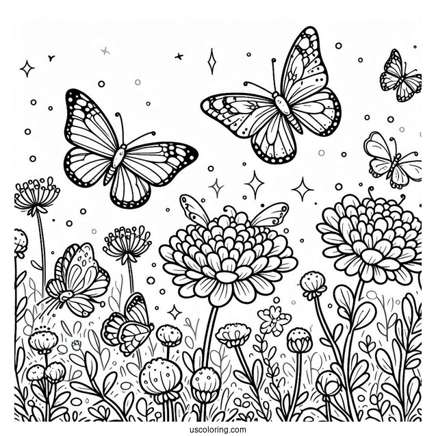 Several Butterflies Enjoying A Flower Field Coloring Page